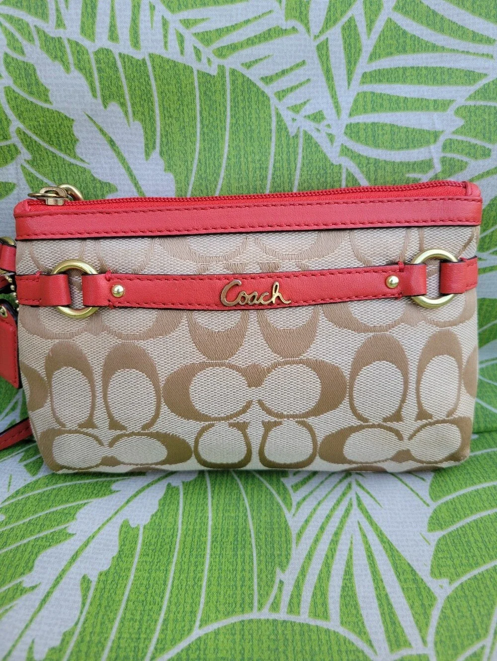 Coach Gallery Signature Medium Canvas Wristlet in Khaki/Presimmons or Tan/Orange